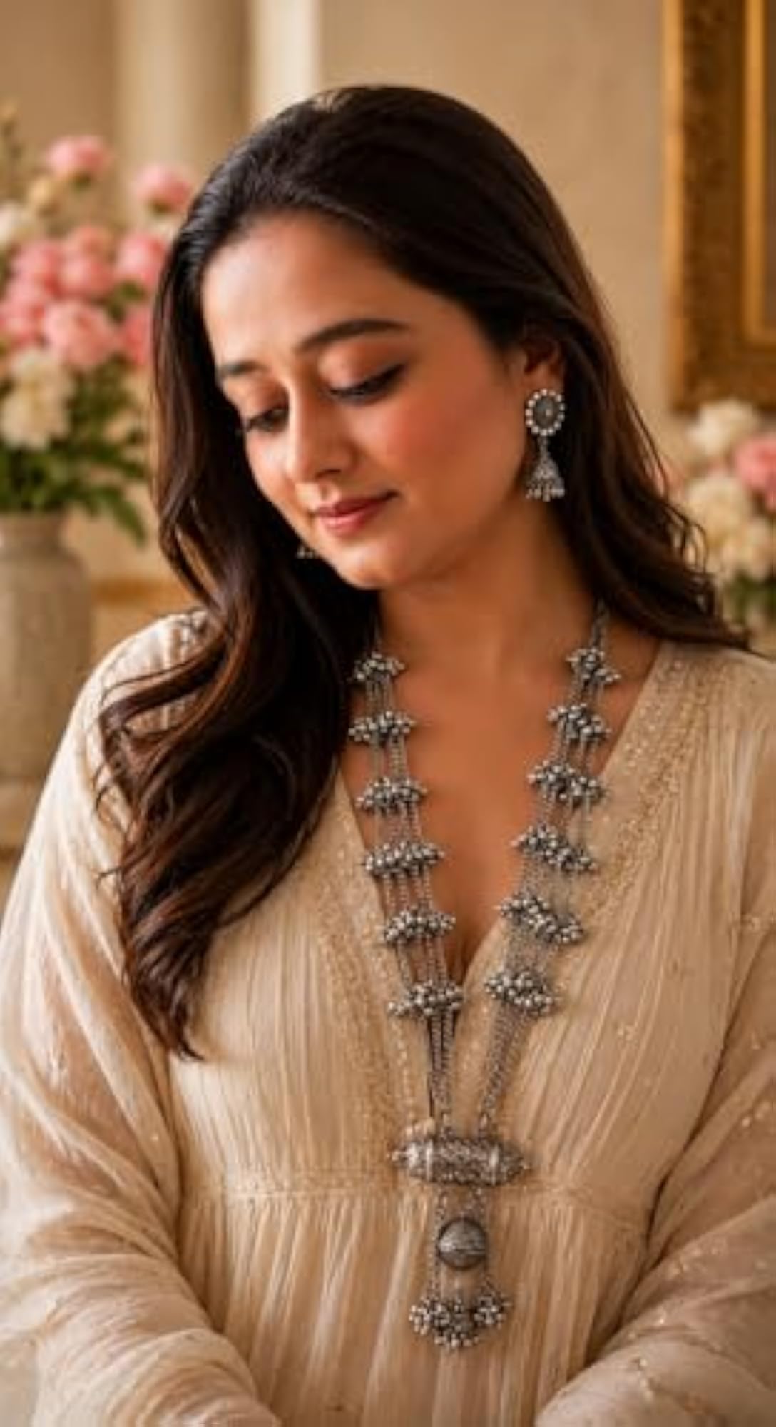 Oxidised Silver Tone Multi Layer Ghungroo Necklace Set with Earrings