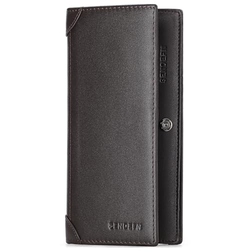 SENDEFN Long Wallets for Men Genuine Leather Slim Bifold Wallet RFID Blocking for Checkbook Credit Card