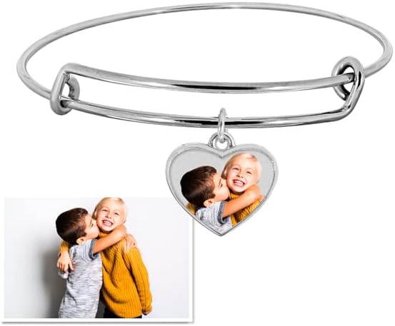 PicturesOnGold.com Expandable Engraved Charm Photo Bracelet with picture - One Size Fits All Personalized Photo Engraved Heart Bracelet - Stainless Steel or Yellow Gold Plated - Image 2