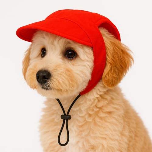 Image of BURAQ cotton Pets Dog Baseball Cap, Pet Sun Hats with Ear Holes, Sport Hat for Medium, Large, Doggies Adjustable Drawstring Puppies, Cats, Visor Hat¦ (Red, S), 1 count
