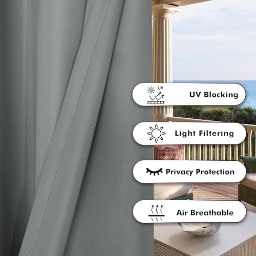 Bonzer Waterproof Outdoor Curtains for Patio Porch Pergola Sunlight Privacy Screen Grommet Interior Curtain for Bedroom Living Room 1 Piece 54 x 84 Inch, Grey
