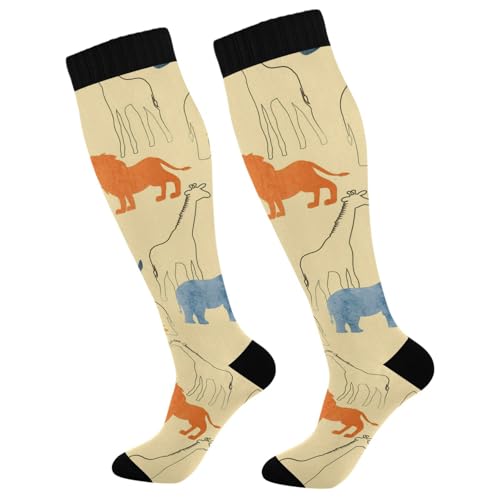 Dussdil Lion Elephant Rhinoceros Giraffe Compression Socks for Women Men Circulation Long Knee Sock for Sport Gym Running Stockings