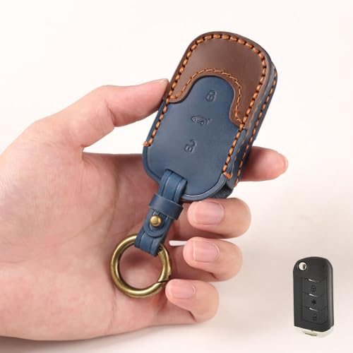 Image of Keyzone Dual Leather Key Cover for Thar, Scorpio, Bolero, XUV700, XUV400, XUV300, TUV300, Marazzo 3 Button flip Key (Push Button Start Models only) (Blue-Brown)