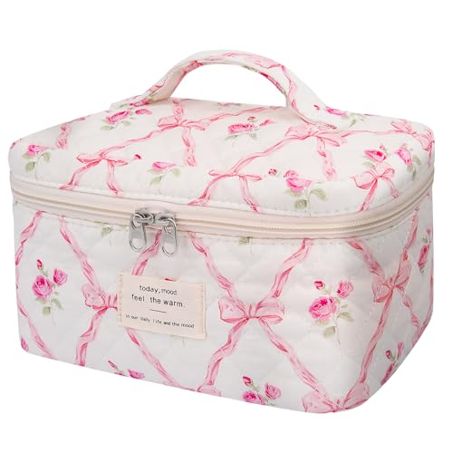 Gosect Large Makeup Bag, Cute Cosmetic Bag for Women Girls, Floral Coquette Aesthetic Toiletry Bag, Travel Make Up Organizer Bag (Pink Butterfly)