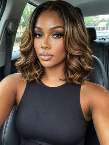 Image of KLAIYI Bye Bye Slip Ombre Highlight Balayage Brown Bob Body Wave Glueless Precut 7x5 Lace Front Wigs Human Hair Drawstring Pre Plucked Bleached Knots Face Framing 30S Ready to Wear and Go Wig 10Inch
