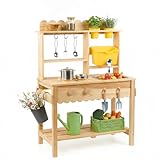 Wooden Mud Kitchen for Kids Outdoor - Play Kitchen with Real Running Water Sink & Removable Sink, 10-Piece Accessory Set with Stainless Steel Cookware & Planter Pots, Montessori Toy Gift for Ages 3+
