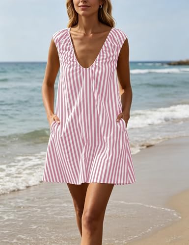 Image of OLAPTA Women Summer Sleeveless Babydoll Mini Tank Dresses Loose Fit Scoop Neck Ruched Short Dress with Pockets Party Clubwear