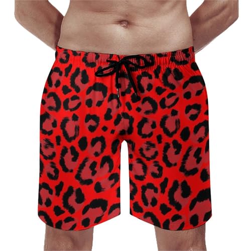 Leopard Red Print Mens Swim Trunks, Quick Dry Swim Shorts with Mesh Lining Swimwear Bathing Suits