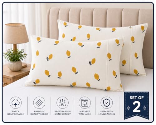 Image of Cotton Pillow Cover Set (1 Pair) | 20x30 Inch | Soft Breathable Cotton Fabric - Comfortable, Durable & Easy Care - 2 Pcs Set | White Stripe Orange Print