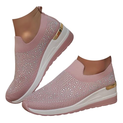 Women's Fashion Glitter Rhinestone Decor Platform Wedge Sneakers Breathable Mesh Sparkly Orthopedic Wedge for Women (pink,24.0 c