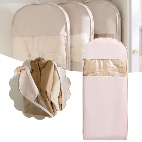 Space Saving Hanging Garment Bag with Self Compression Zipper, Space Saving Hanging Protector, Down Coat Compression Dust Cover Clothes Bags for Closet Storage (Pink,XL) - Main Image