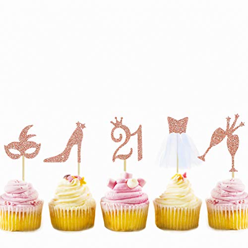 32Pcs Rose Gold Glitter Twenty One Birthday Party Decorations Cupcake Topper Kit With Figure 21,Mask,High Heel,Glasses,3D Tulle Dress Cupcake Toppers For Twenty One Party Birthday Cake Decorations #TOP7