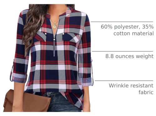 Image of Bulotus 3 /4 Length Sleeve Womens Striped Tops Zipper V Neck Collared Blouses Business Casual Tunics 2026 Spring Trendy
