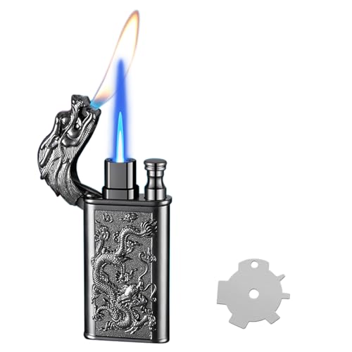 Torch Lighter, Relief Dragon Design Magic Dual Flame Lighter with Adjusting Flame Tool, Creative Windproof Lighter, Cool Refillable Butane Lighter for Outdoor Indoor- Black Nickel Dragon