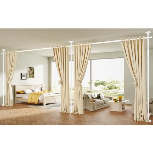 Image of SUNALLY Room Divider Curtain Rod, No Drilling 4-10ft(H) 28-140inch(W) Adjustable Privacy Wall Divider for Room Separation, Heavy Duty Temporary Partition Space Separator Tension Rods, White