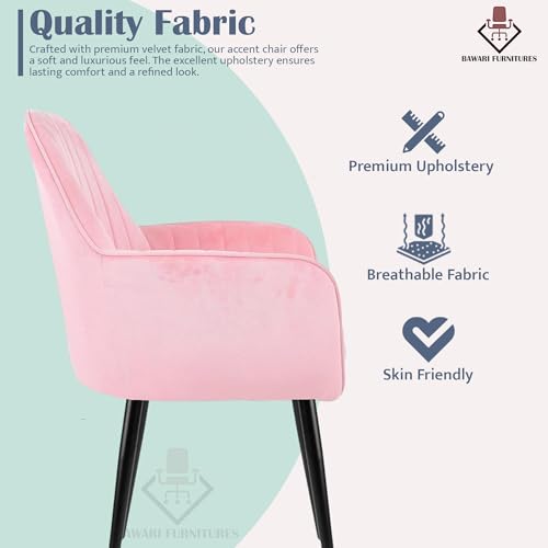 Image of Plush Dining Chair | Accent Chair for Living Room Bedroom Restuarant | Velvet Fabric & Thick Cushion Seat with Sturdy Glossy Metal Legs (Black Legs, Baby Pink)