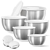 CAROTE Stainless Steel Mixing Bowls with Lids Set,12 Pcs Nesting Bowls Clear Airtight Lids 3 Grater Attachments,Non-Slip Bottoms & Measurement Marks Mixing Bowls,Size 5,3,2,1.5,1QT