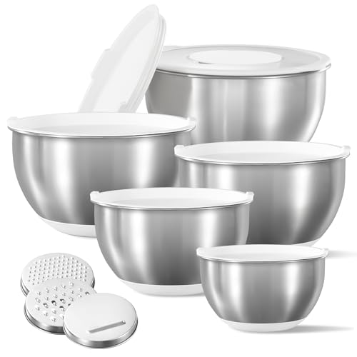 CAROTE Stainless Steel Mixing Bowls with Lids Set,12 Pcs Nesting Bowls Clear Airtight Lids 3 Grater Attachments,Non-Slip Bottoms & Measurement Marks Mixing Bowls,Size 5,3,2,1.5,1QT