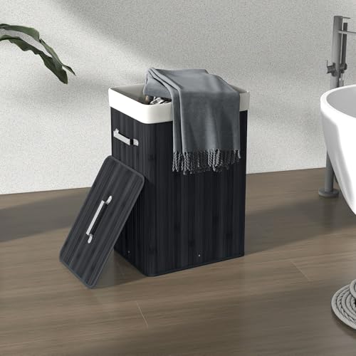 Miniatura 6 de Homcom Cesto De Ropa Sucia Plegable Con Tapa, Cesta Ropa Sucia De Bambú, 2 Compartimentos, Bolsa Extraíble, Para Dormitorio, Baño, Lavandería, 40x30x60 Cm, Negro