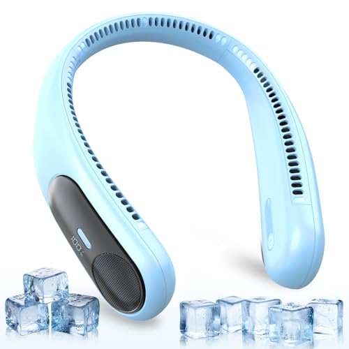 Image of Portable Neck Fan, Personal Wearable Bladeless Fan for Outdoor Indoor, LED Display, 360 Cooling, 4-Speeds, 6000mAh USB Rechargeable, Birthday Gifts for Men Women Dad Mom (Light blue)