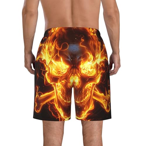 Men's Quick Dry Swim Shorts Flaming Skull and Fire Cross Bones Death Pirates Dark Beach Trunks with Pockets2