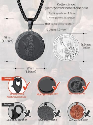 FaithHeart Saint Christophorus Amulett für Herren Damen, Kette mit Schwarzer Runder Anhänger, Amulett in Auto, Bestes Geschenk für Fahrer Reisende