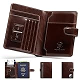LORZOR Passport Holder for Travel: Full Grain Leather Passport Cover with Airtag Holder Magnetic Buckle for Men - RFID Blocking Bifold Wallet for Air Ticket Card Cash Coin (Brown)