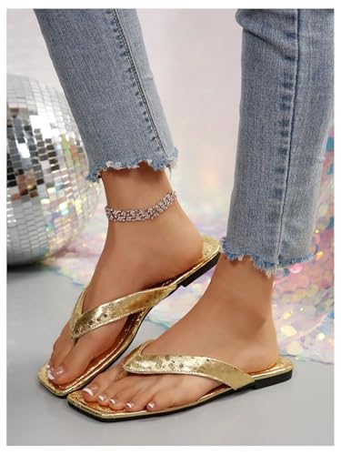 Image of GORGLITTER Women's Flip Flops Flat Sandals Dressy Metallic Square Toe Thong Vacation Summer Weeding Slides Sandals