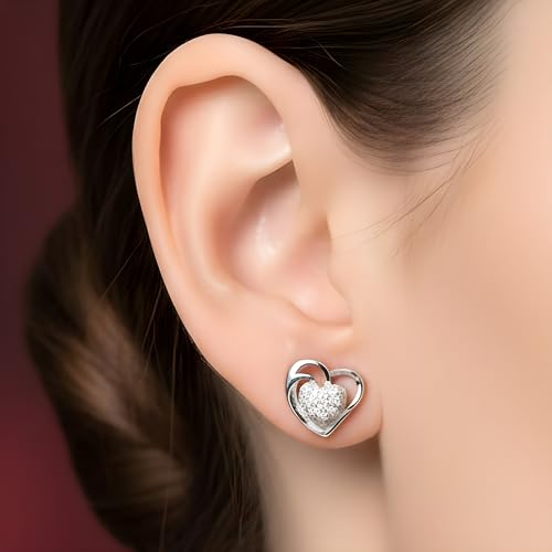 Image of Silver Heart Stud Earrings for Women - Sparkling Double Heart Design