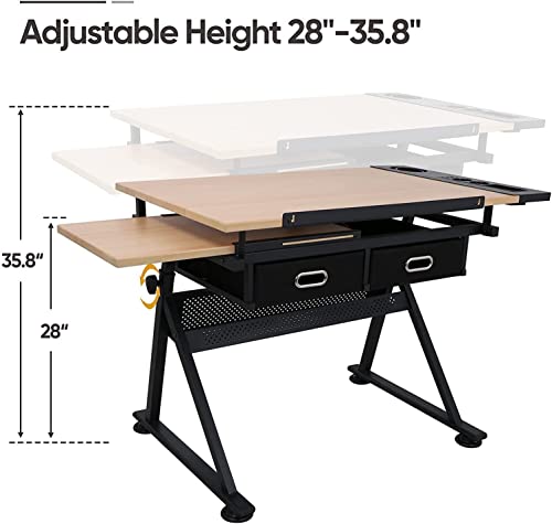 BBBuy-Drafting-Table-Desk-ArtCraft-Work-Station-Drawing-Desk-Height-Adjustable-Tilting-Tabletop-Craft-Table-wStool-and-2-Storage-Drawers-for-Home-Office-School-Study-Room