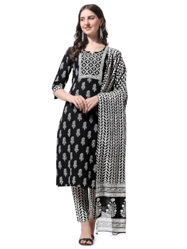 Image of MIRCHI FASHION Women's Straight Fit Pure Cotton Embellished Floral Printed Kurta Set with Dupatta and Trouser