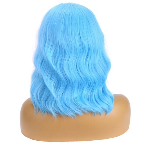 Image of BERON Blue Wigs for Womens Short Curly Wavy Wig Girls 14 Inch Sky Blue Colored Side Part Wigs Shoulder Length Heat Resistant Synthetic Cosplay Party or Daily Use Wigs