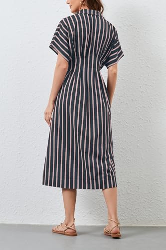 Image of MSBESYOR Women Button Front Pleated Shirt Maxi Dress Summer Striped Prints Short Sleeve Collar Casual Long Dresses