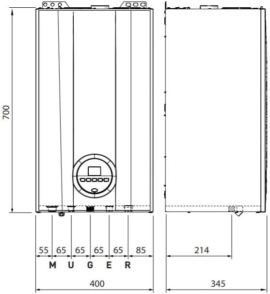Technical drawing of the SIME UNIQA REVOLUTION 25 boiler showing front and side views with dimensions in millimeters. Height is 700mm, width 400mm, and depth 345mm.
