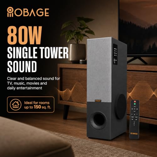Image of OBAGE Zylo-5 Single Tower Speaker System | 80W Output | HDMI ARC, Bluetooth, FM, AUX | Digital Bass, Mid & Treble Control | Clear & Balanced Sound for TV, Music & Movies