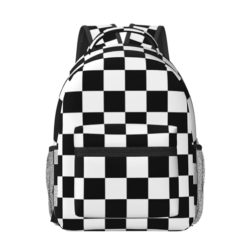 Sac à dos écolier noir et blanc imprimé écossais imperméable pour adolescent
