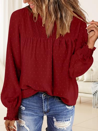 BETTE BOUTIK Women Boho Long Sleeve Shirts Dressy Casual V Neck Fall Fashion Tops Swiss Dot Flowy Blouses