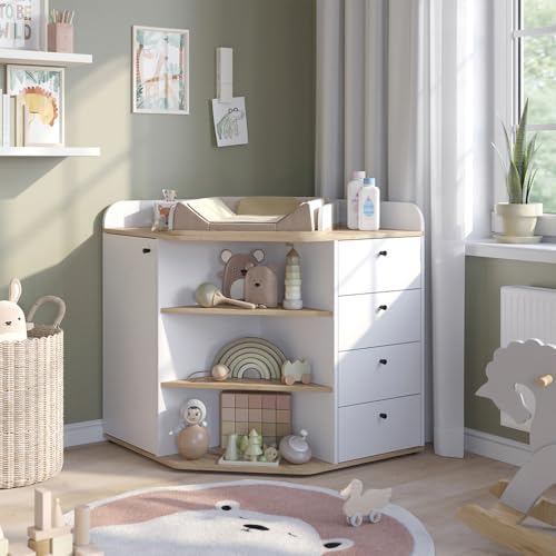 Vicco Commode à Langer Aria, Blanc, 85x90cm avec étagères et tiroirs, Convient comme Table à Langer pour bébés et Tout-Petits