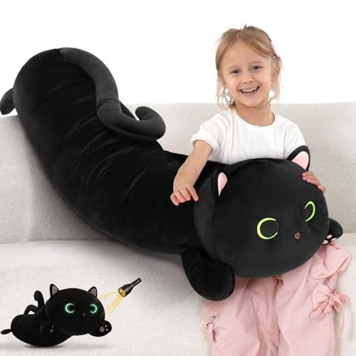 Image of MaoGoLan Black Cat Plush Body Pillow, 44'' Giant Glow in The Dark Cat Stuffed Animal Toy for Girl Boy Kid, Big Cute Kitten Plush Throw Pillow for Birthday Gift, Baby Shower Party Favor Decor