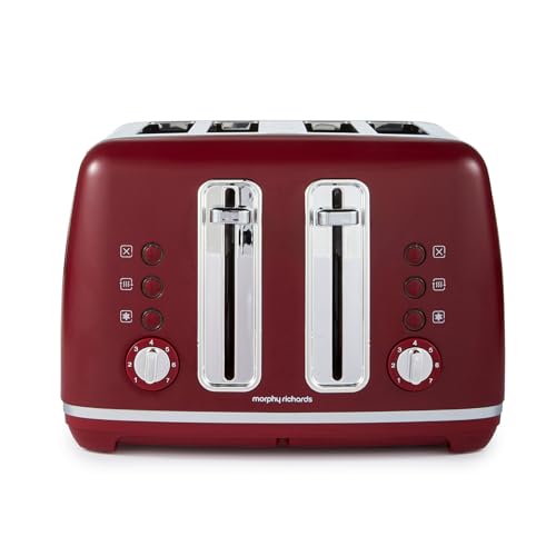 Morphy Richards Accents Toaster 4 Slice Toaster Variable Browning Wide Slots High Lift Illuminated Buttons Removable Crumb Tray Cancel Reheat Defrost Integrated Cord Storage Rhubarb 242051