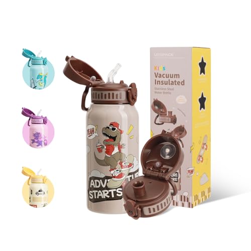 UZSPACE Botella Agua Acero Inoxidable para Niños 550ml con 2 Tapas Diferentes, A Prueba de Fugas, Apertura de un Clic, Termo con Pajita para Colegio, Guardería, Deporte Niños y Niñas (Marrón)