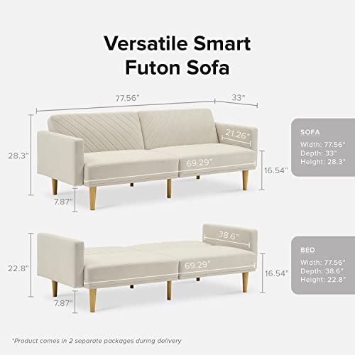 Mopio Chloe Futon Sofa Bed, Convertible Sleeper Sofa With Tapered Wood Legs, 77.5" W, Small Splitback Sofa For Living Room, Twin (Chloe, Snow Velvet) #TOP1