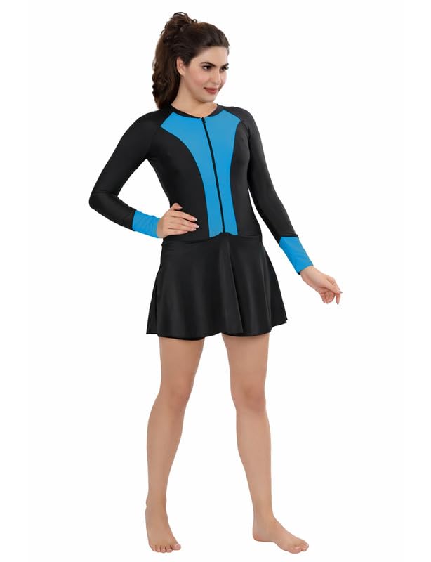 BOSKY Swimming Costume for Women Frock Style Full Sleeves - Two Piece Swimming Dress | Swimsuit for Women & Girls (Navy&Blue, 3XL)