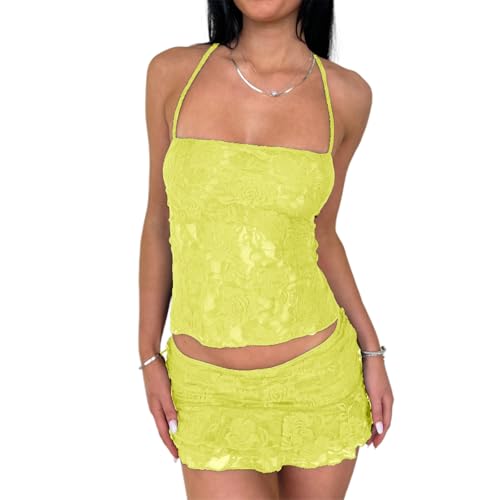 Edhomenn Y2K - Conjunto de dos piezas de encaje de verano para mujer, sin espalda, sin mangas, dobladillo con volantes, minifalda en capas, Amarillo Limón, S