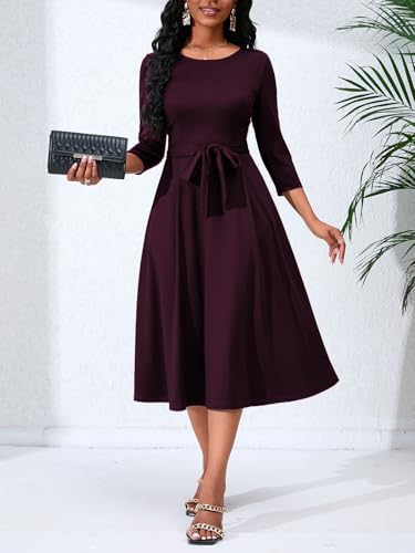 Image of PerZeal Women's Caual Midi Dress 3 /4 Sleeve Crewneck A-line Swing Dress for Women with Belt for Wedding Guest & Cocktail Party Burgundy XXX-Large