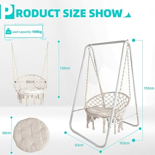 Image of Inditradition Hammock Swing Chair with Metal Stand & Seating Pillow (Combo Pack) | Heavy-Duty Hanging Chair with Stand for Indoor & Outdoor (60x32 Inches, Elegant White)