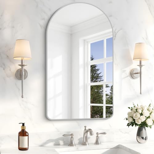 Image of BONEWEI Arched Wall Mirror,22x36 inch Silver Arched Mirror Bathroom,Vanity Mirror for Over Sink Metal Frame,Tempered Glass Arch Mirrors for Bedroom,Entryway,Living Room,Home Decor Shatter-Proof