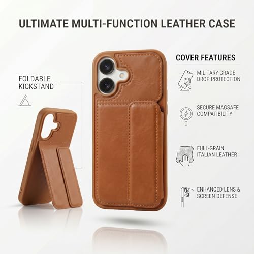 Image of amazon basics Luxury Vegan Leather Back Cover for iPhone 16 | Built-in Card Holder Slot | Integrated Mobile Stand | Slim Shockproof Protective Case with Stitched Finish - Tan