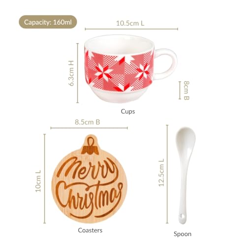 Image of Nestasia Ceramic Cup, Spoon & Bamboo Coaster Set of 2 (160ml Each) | Red & White Snowflake Pattern Mugs, Ceramic Stirring Spoons & Ornament Shaped Coasters - Ideal for Festive Gifting