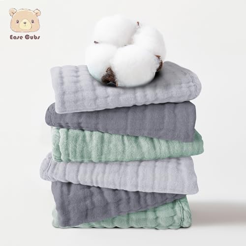 Image of Ease Cubs 12 Pack Muslin Washcloths for Baby - 100% Cotton Baby Wash Cloths for or Baby Face Body Comfy and Soft for Newborn Infants Kids Girls and Boys - 12 inchx12 inch - Grey, Green and Slate